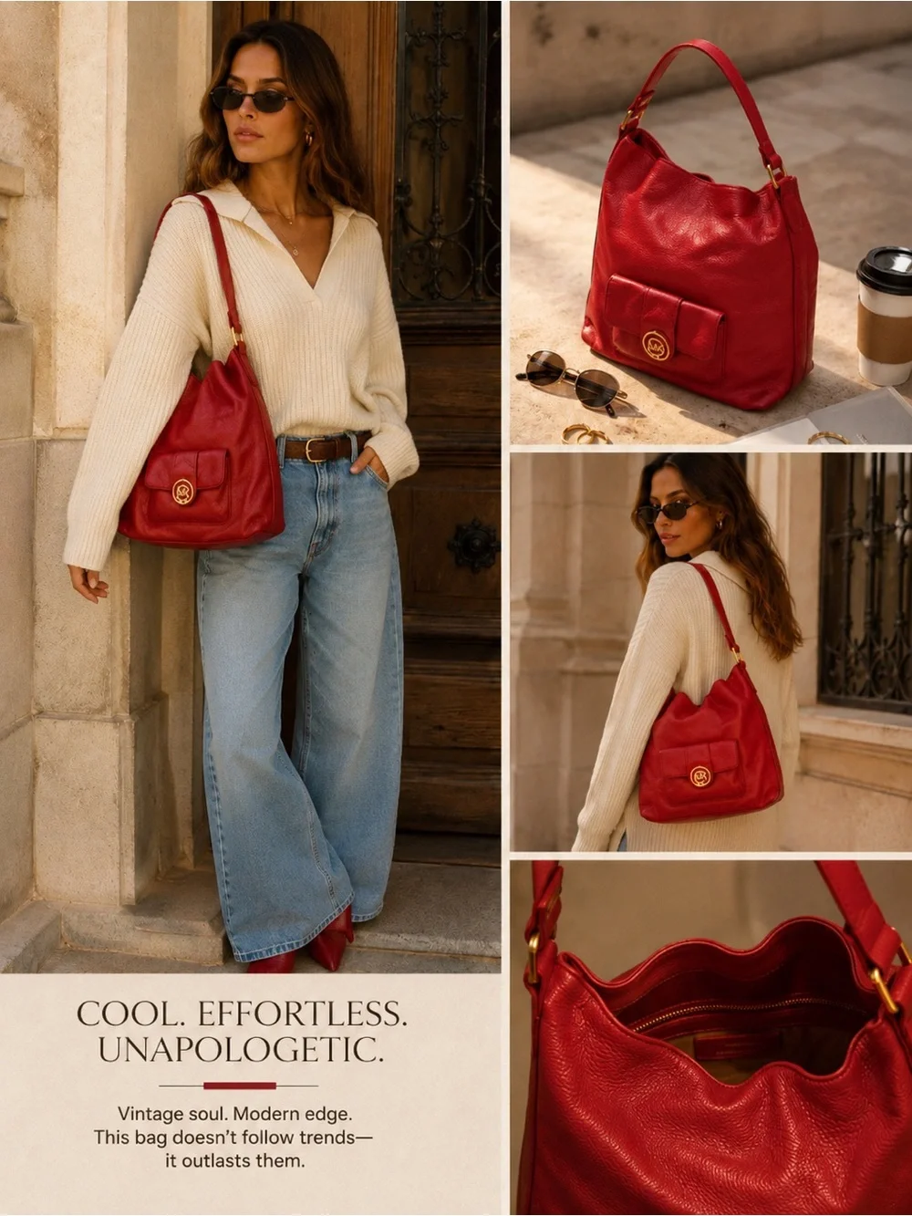 Michael Kors Red Pebbled Leather Slouchy Hobo Shoulder Bag Gold MK